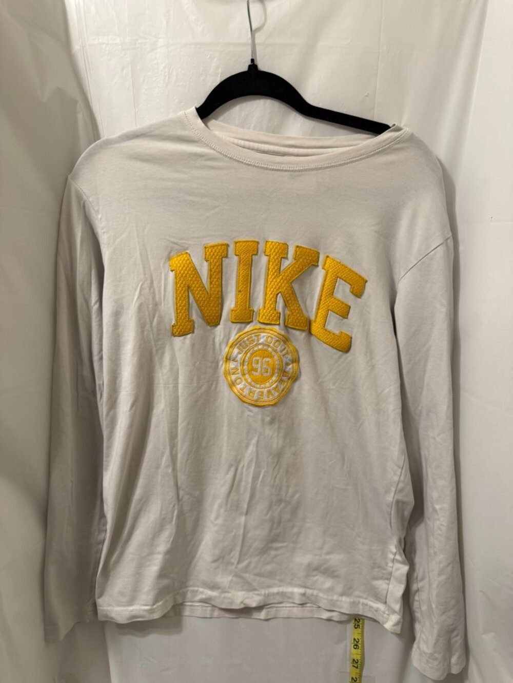 VTG Nike Mens White Yellow Spellout Just Do It 96 Long Sleeve T-Shirt Size Large
